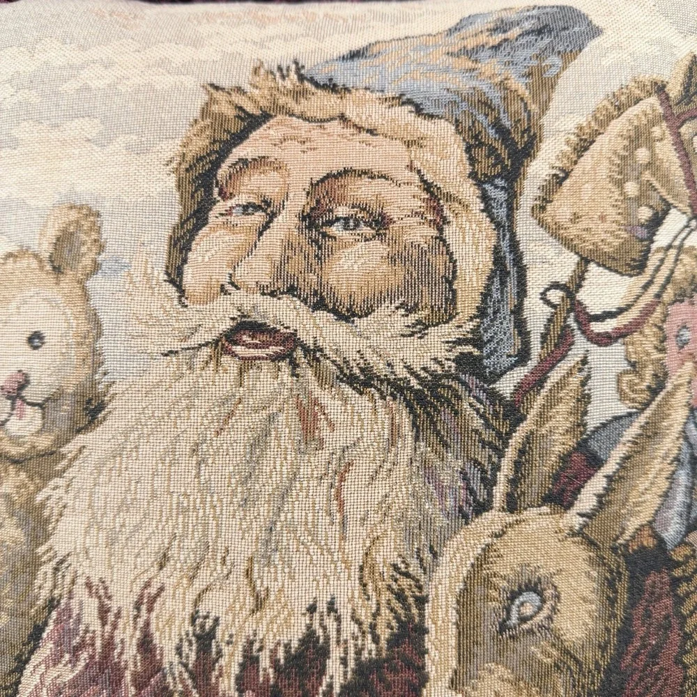 Vintage Santa Claus Tapestry Throw Pillow‎ Burgundy Fringe Velvet Back 11x11